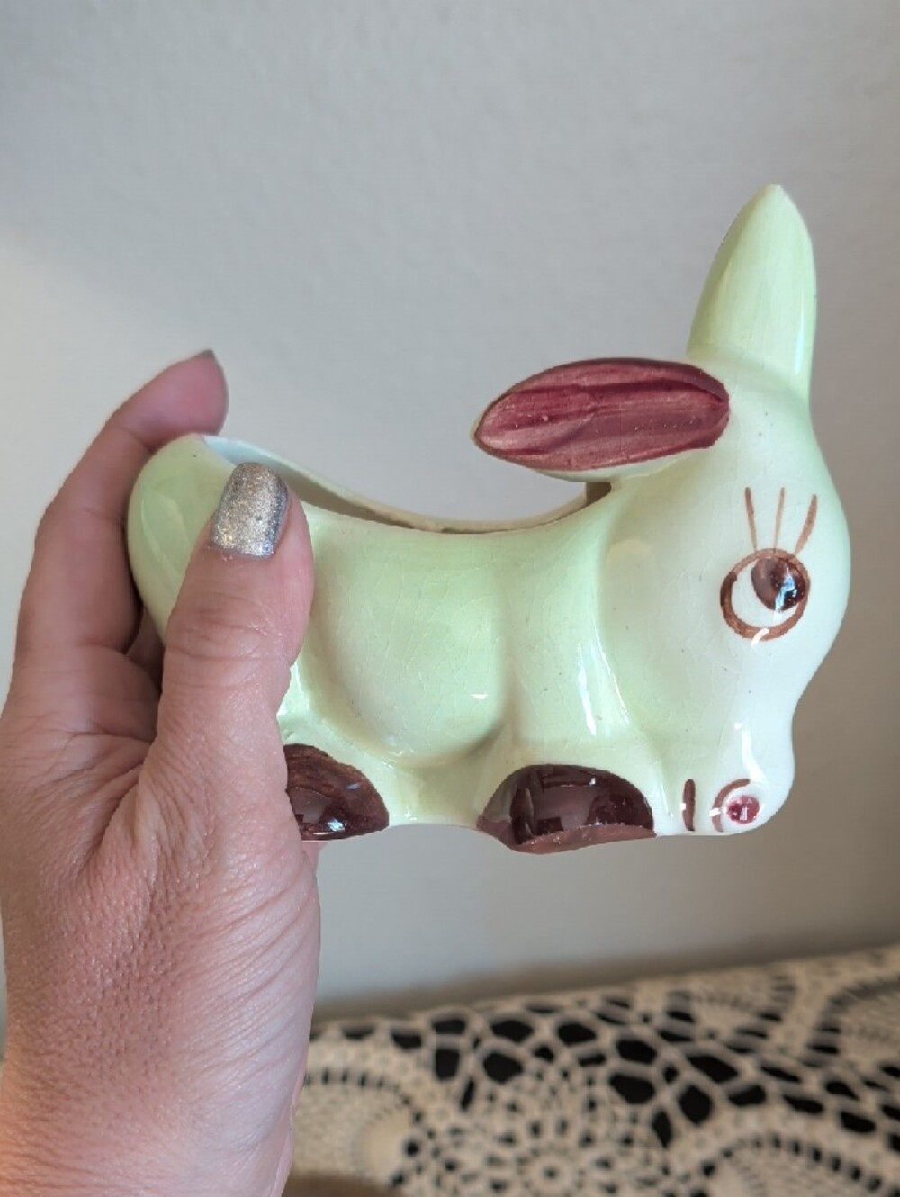 Vintage Ceramic Bunny Planter in Mint Green - Picture 4 of 7